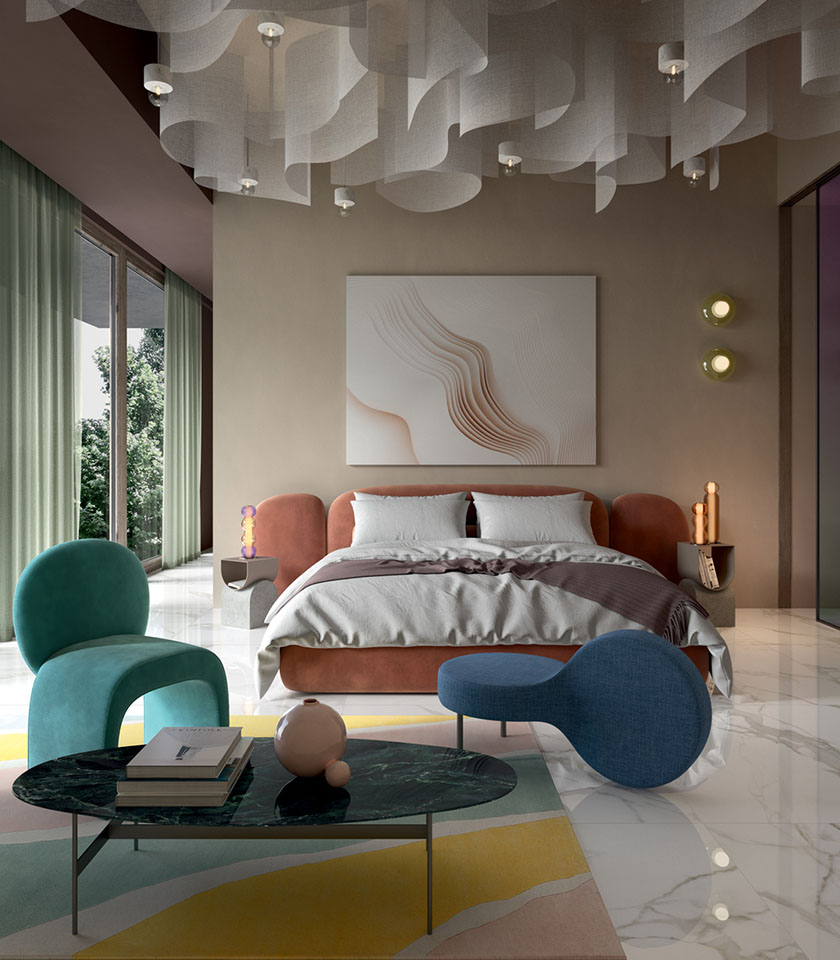 Camera da letto contemporanea con superfici effetto marmo, arredi di design e dettagli raffinati per un ambiente elegante e sofisticato.