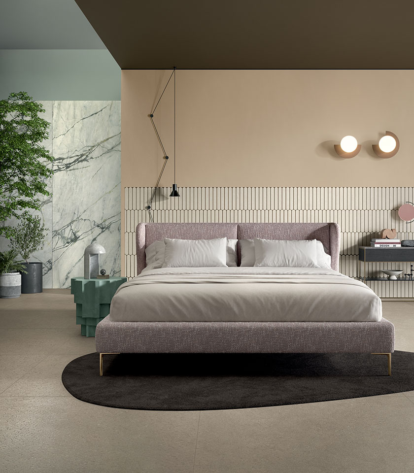 Intense Toffee veste la camera da letto con una superficie ceramica calda e sofisticata, capace di creare un’atmosfera elegante, morbida e contemporanea.