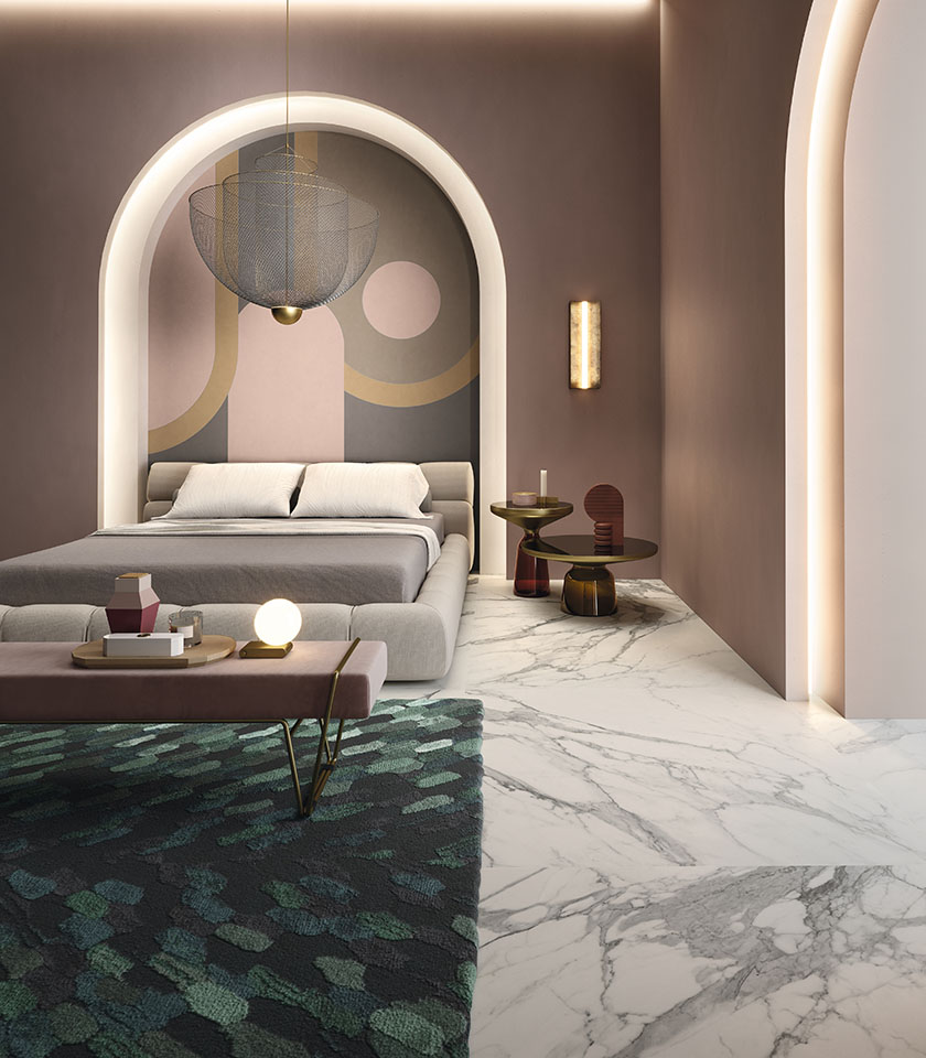 Noblesse Pure Statuario dona alla camera da letto un’eleganza luminosa e sofisticata, con superfici effetto marmo che valorizzano lo spazio con naturale raffinatezza.