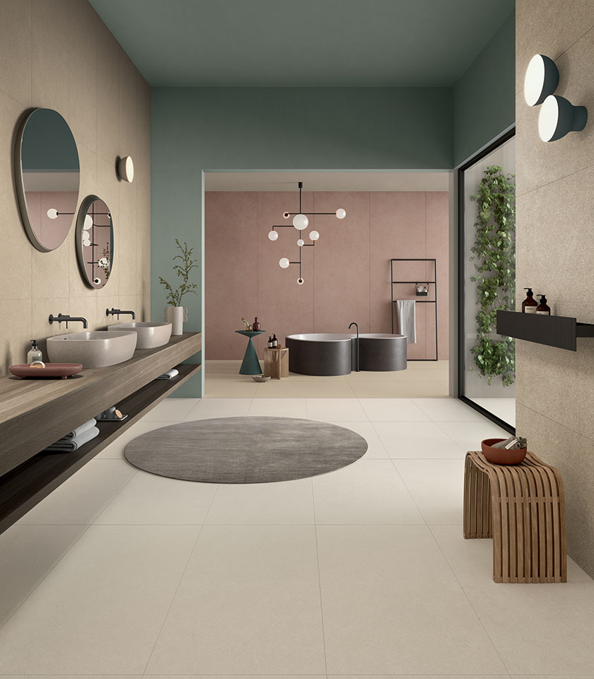 Intense Clair Beige definisce un bagno luminoso e raffinato, dove superfici ceramiche neutre e dettagli cromatici delicati creano un’atmosfera elegante e contemporanea.