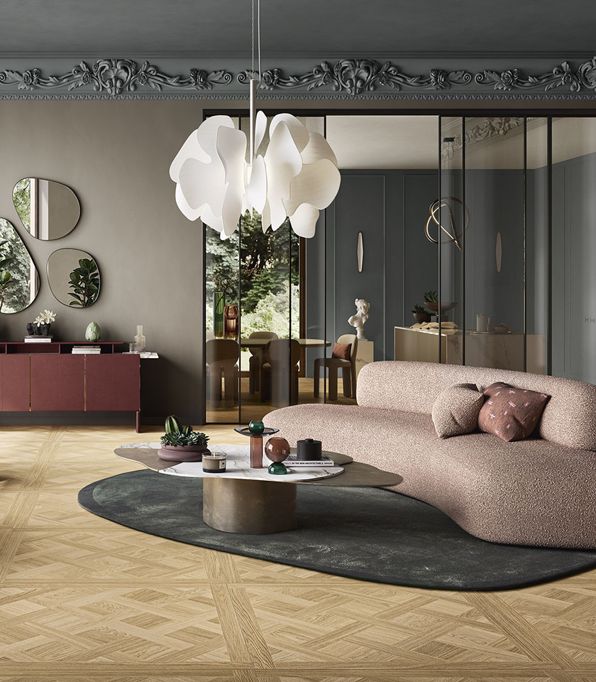 Scopri idee per un soggiorno moderno e raffinato con le superfici in grès porcellanato Lea Ceramiche, tra design distintivo e alte performance.