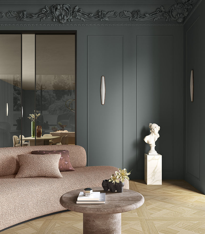 Living contemporaneo con pavimento della collezione Biocharme effetto legno nella posa Trama, tonalità Golden.