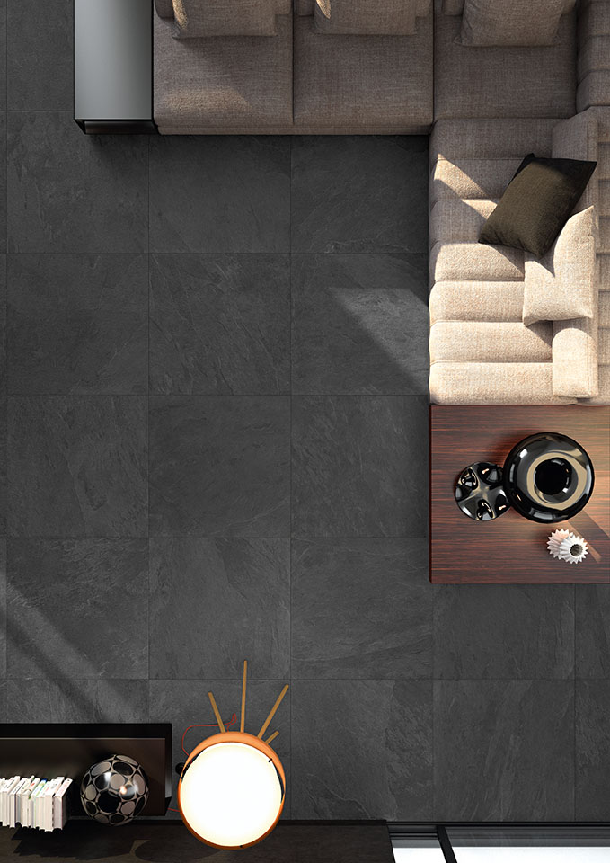 Waterfall Dark interpreta l’eleganza della pietra scura in una superficie ceramica dal carattere deciso, ideale per ambienti contemporanei raffinati.