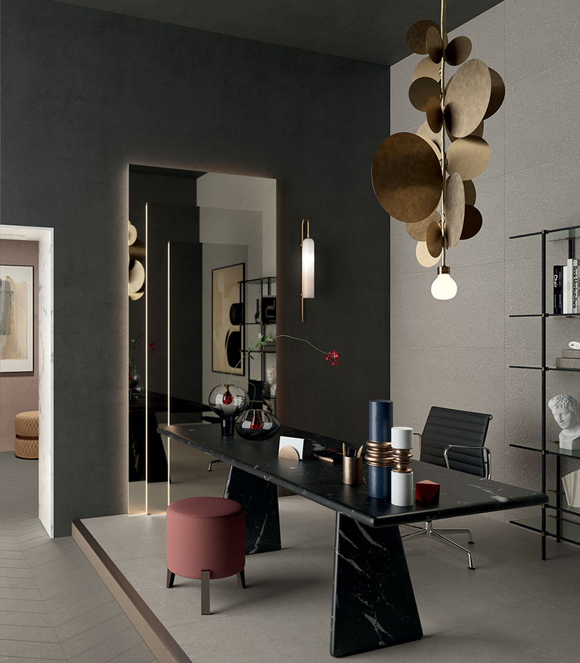 Intense Perle interpreta la materia con eleganza contemporanea, creando superfici ceramiche raffinate e versatili per ambienti dal design sofisticato.