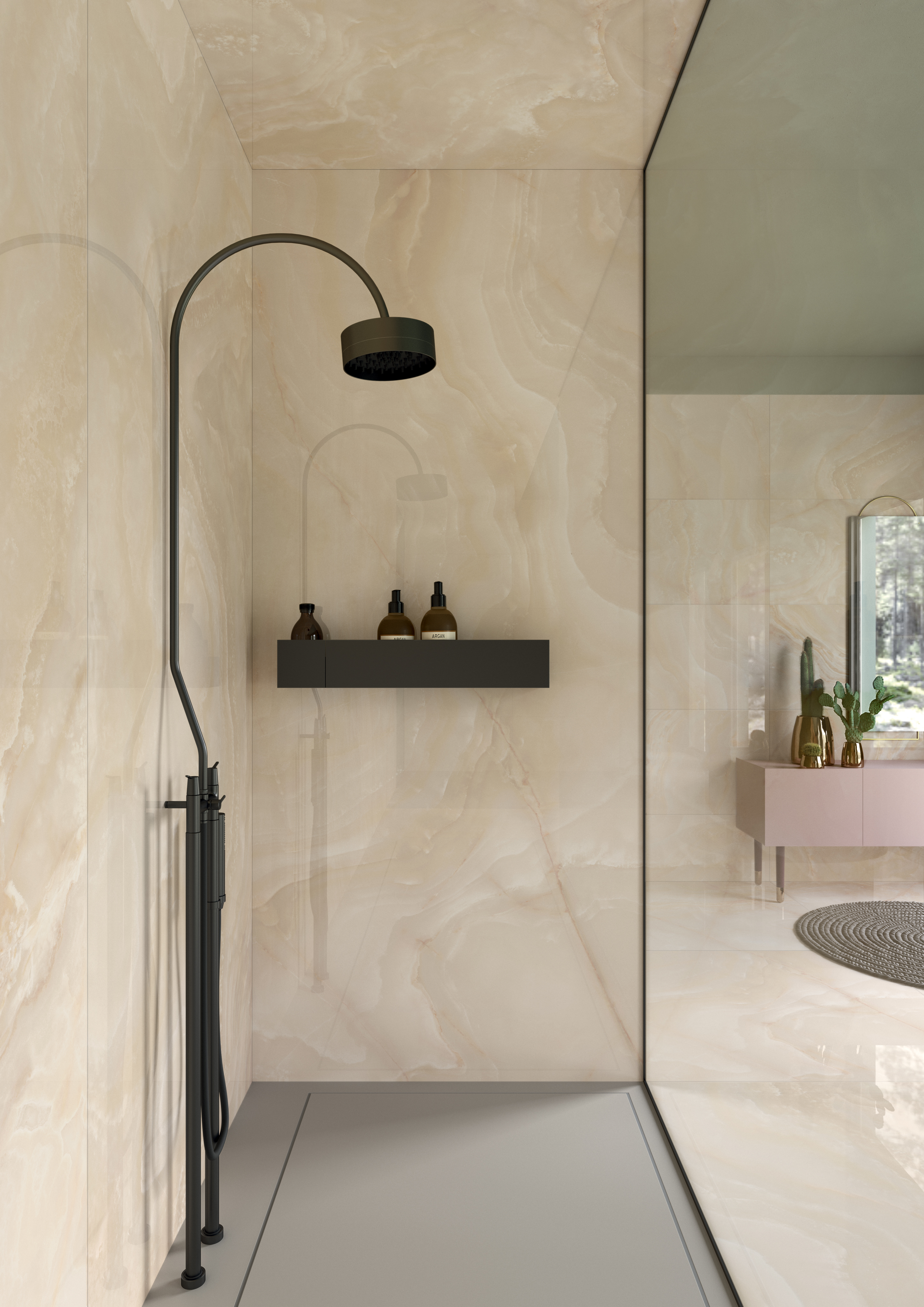Bagno contemporaneo con Noblesse Onyx Oyster di Lea Ceramiche: superfici effetto onice nei toni caldi per un ambiente luminoso, elegante e avvolgente.