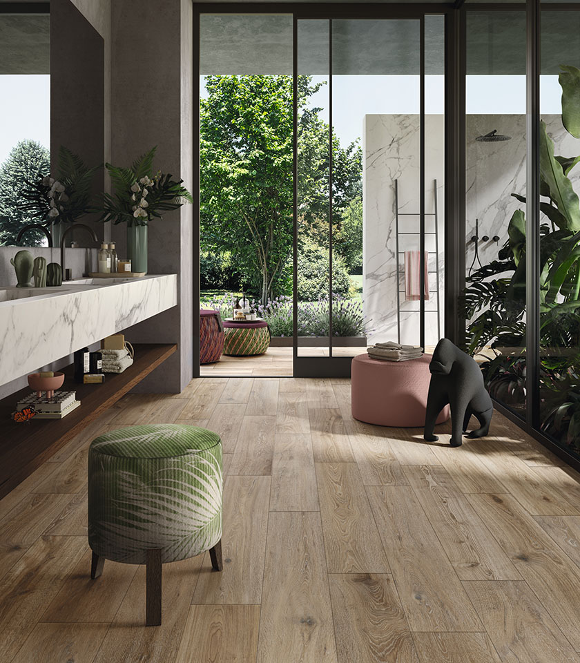 Bagno contemporaneo con Bio Attitude Barrel e Noblesse Pure Statuario di Lea Ceramiche: effetto legno e marmo per uno spazio elegante, naturale e luminoso.